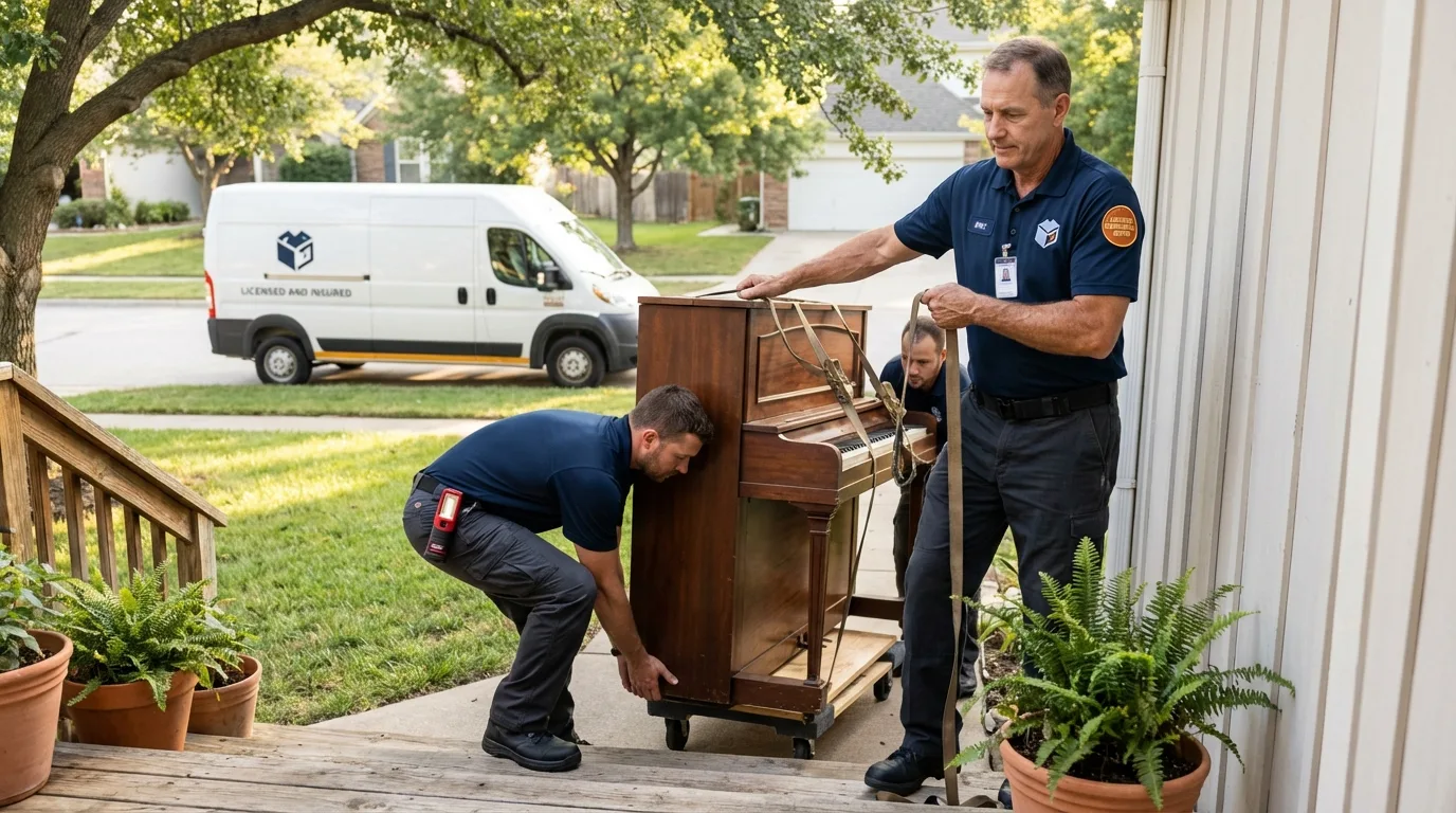 Licensed piano movers securing grand piano in Grants Pass, OR
