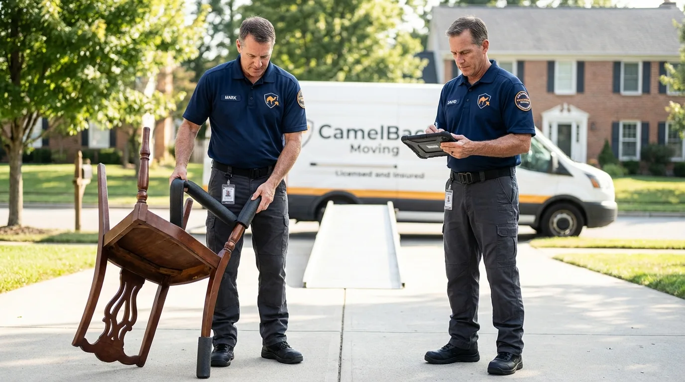Movers inspecting furniture for damage prevention before loading in Grants Pass, OR