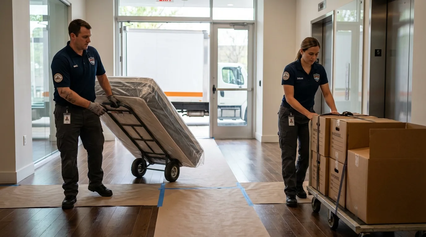 Professional apartment movers loading elevator in Grants Pass, OR